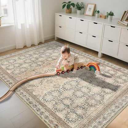 4x6 Area Rug for Bedroom Machine Washable, Non Slip Vintage Floral Kitchen Rugs for Dining Room, Rustic Indoor Floor Carpet for Nursery, Farmhouse, Office Classroom Beige/Pink/Orange