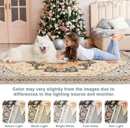 5x7 Orange Beige Area Rug for Living Room, Machine Washable Rugs with Non-Slip Backing for Bedroom, Vintage Medallion Carpet Dining Room Office Kids Room Decor