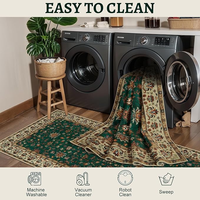 Tangspp Floral Washable Runner Rug, 2x5 Rug Runners for Hallways Non Slip, Vintage Boho Runner Rug for Entryway Indoor, Green Print Carpet Runner, Soft Low Pile Runner for Kitchen Bedroom Green