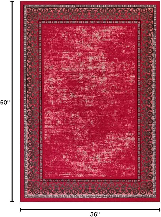 Antep Rugs Alfombras Bordered Modern 3x5 Non-Slip (Non-Skid) Low Pile Rubber Backing Indoor Area Rug (Red, 3' x 5')