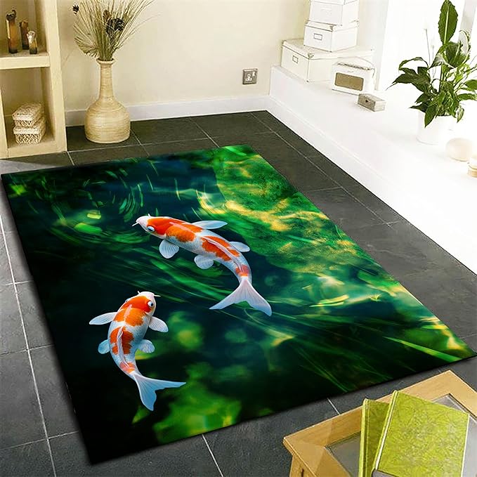 Green Pond Koi Fish Area Carpet, 3x5ft, 3D Realistic Underwater Koi Printed Carpets, Chinese Natural Landscape Soft Low Pile Rug, with Non Slip Backing Pet Friendly Rugs for Entryway