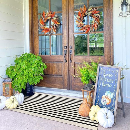 KOZYFLY Black and Beige Striped Porch Rug 2x4.3 Ft Washable Outdoor Rug Farmhouse Outdoor Doormats Front Door Striped Runner Rug for Front Door Kitchen Hallway Bedroom Laundry Room