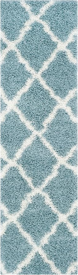 SAFAVIEH Dallas Shag Collection Runner Rug - 2'3" x 10', Seafoam & Ivory, Trellis Design, Non-Shedding & Easy Care, 1.5-inch Thick Ideal for High Traffic Areas in Living Room, Bedroom (SGD257C)