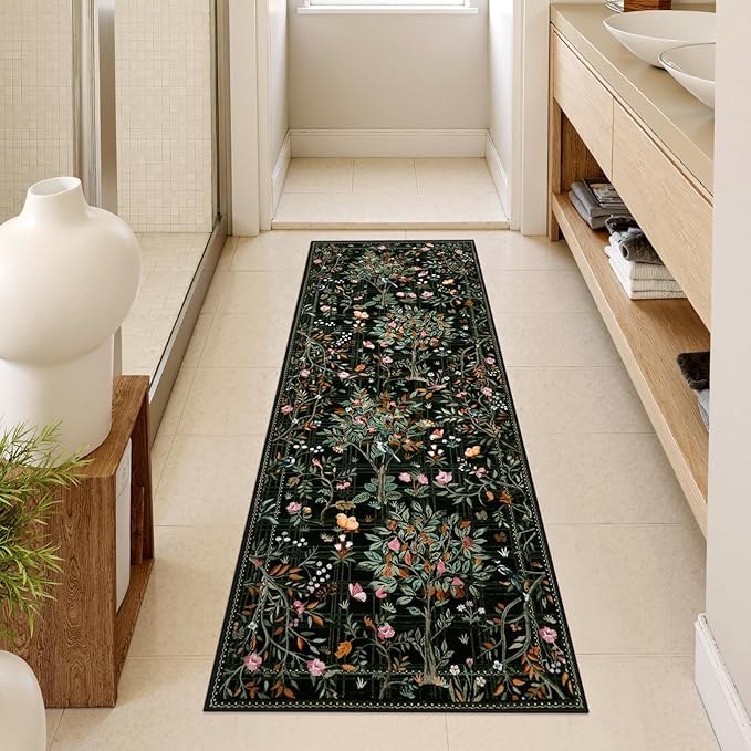 Morebes Floral Washable Rug Runners for Hallways Non Slip, Flower Kitchen Runner Rug 2x6, Boho Botanical Ultra-Thin Soft Floor Carpet for Bathroom Entryway Laundry Room, Black