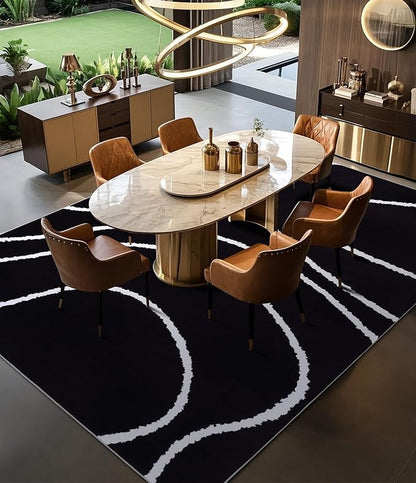 YIHOUSE Black Modern Area Rugs 8x10,Large Black and White Rugs for Living Room,Wave Washable Rug 8x10,Thin Abstract Geometric Rug,Minimalist Striped Rugs for Bedroom,Office