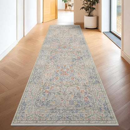 Boho 3x16 Wide Hallway Runner - Beige Blue and Purple, Washable Low Pile Non Slip Stain Resistant 16ft Runner Rug for Long Kitchen, Hall Way, Floral Forest Decor