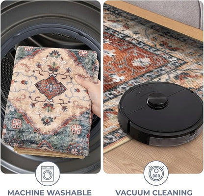 KOZYFLY Boho Round Rug 3 Ft Rugs for Entryway Washable Circle Rug Non Slip Doormat Rust/Orange/Blue Printed Faux Wool Vintage Round Entryway Rug Floor Carpet Round for Entrance, Bedroom