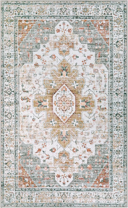 Moynesa Ultra-Thin Washable Area Rug - 3x5 Entryway Rug Washable Bedroom Rug Non Slip Front Door Mat, Vintage Medallion Printed Indoor Carpet for Living Laundry Bathroom Vanity Foyer, Beige/Gold
