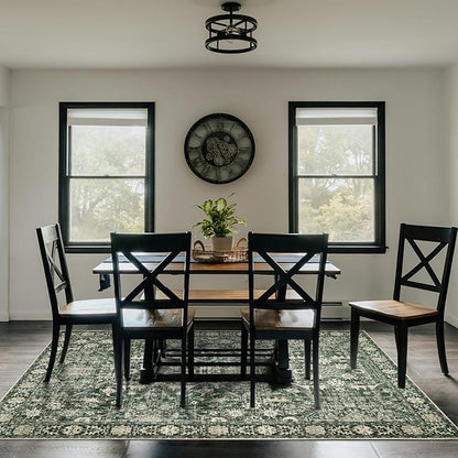 Area Rug 5×7 Washable Rugs for Bedroom, Vintage Floral Rug Soft Non Slip Stain Resistant Carpet for Living Room Dinning Room Kitchen Home Office Green Black
