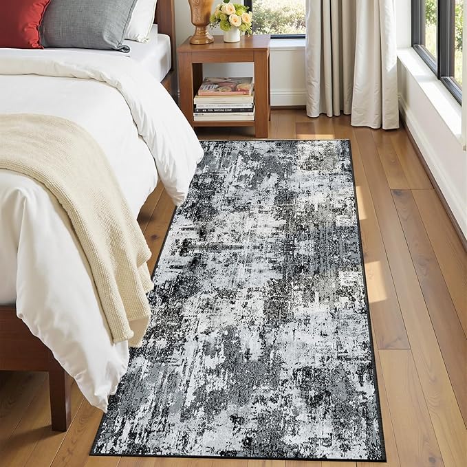 Washable Area Rugs 2'x10' Non-Slip Modern Abstract Soft for Living Room Entryway Bedroom Nursery, Print Pattern, Black Gray