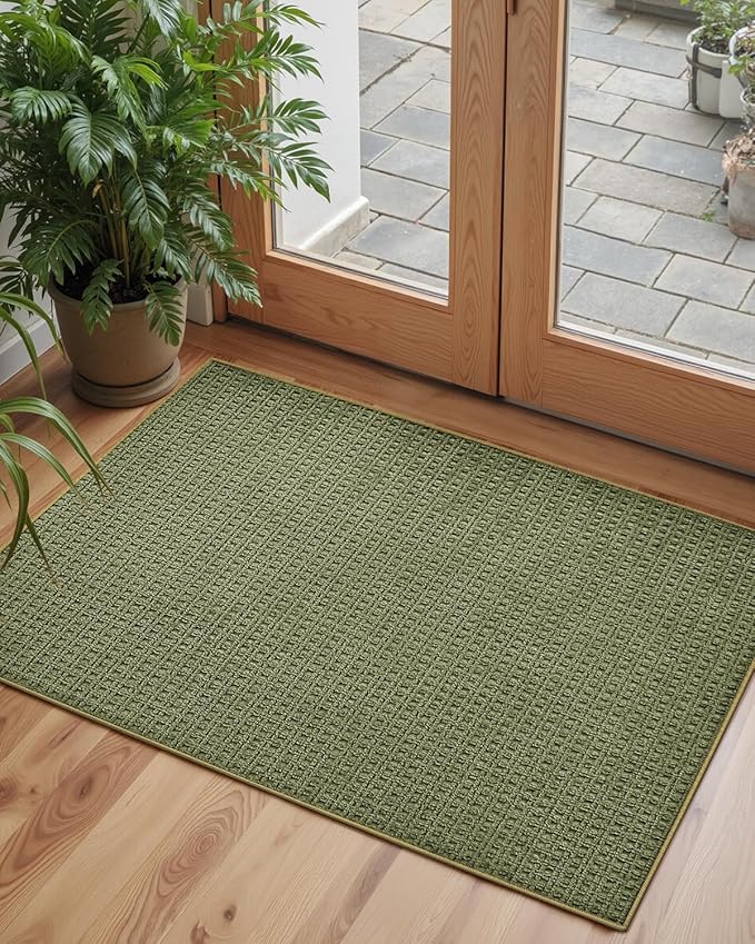 Color&Geometry Front Door Mat Indoor Non Slip Rubber Backing, 24"x36" Ultra Thin Entryway Doormat, Soft Absorbent Inside Doormat Washable Easy Clean Rugs for Entryway, Green (Rolled-up NO Creases)