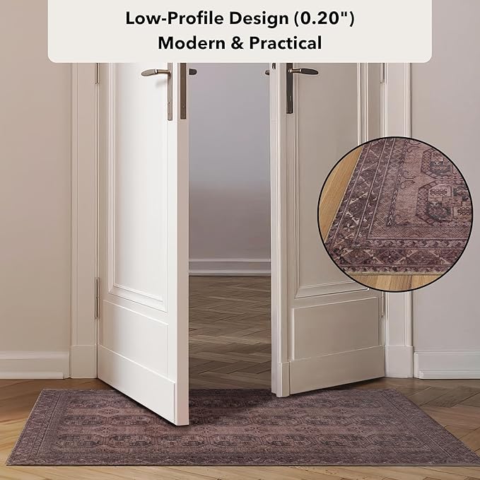 Kuden 2'6"x7' Runner Rug, Machine Washable Area Rug with Non-Slip Backing, Vintage Style, Soft, Easy Clean, Low Pile Rug for Hallway, Entryway, Kitchen, Bedroom