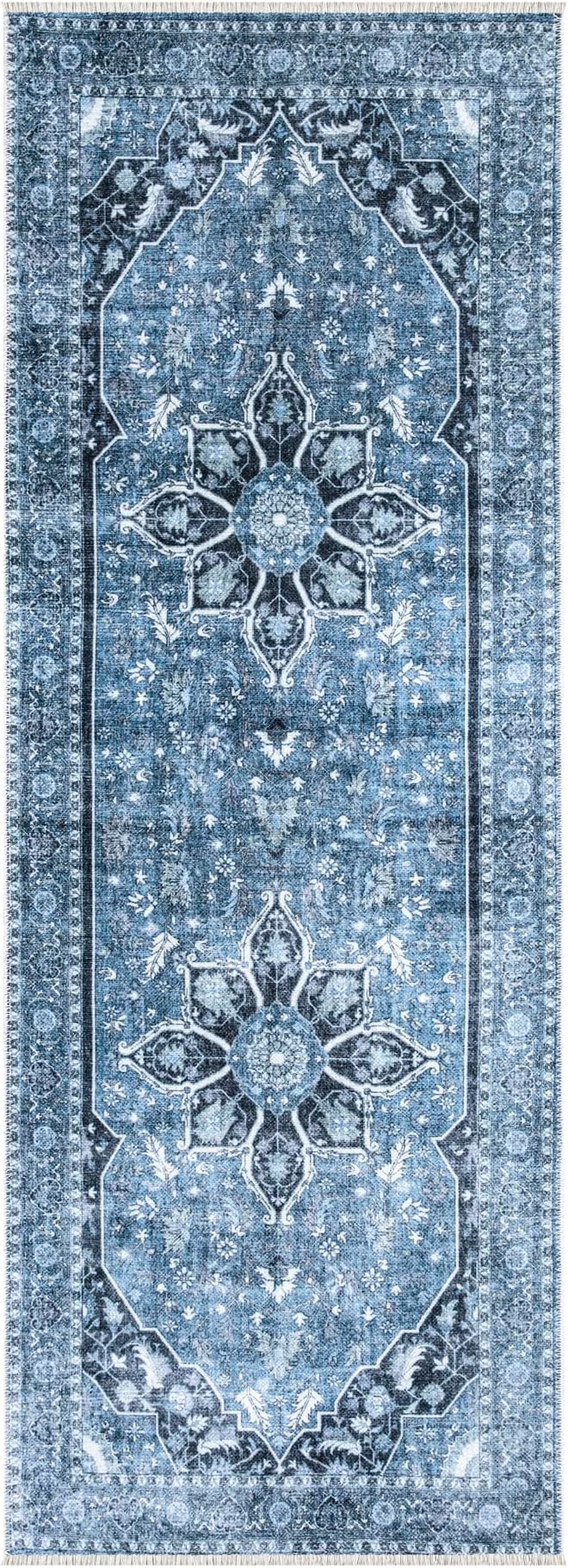 Bloom Rugs Caria Washable Non-Slip 7 ft Runner - Blue/Charcoal Traditional Runner for Entryway, Hallway, Bathroom, and Kitchen - Exact Size: 2'6" x 7'