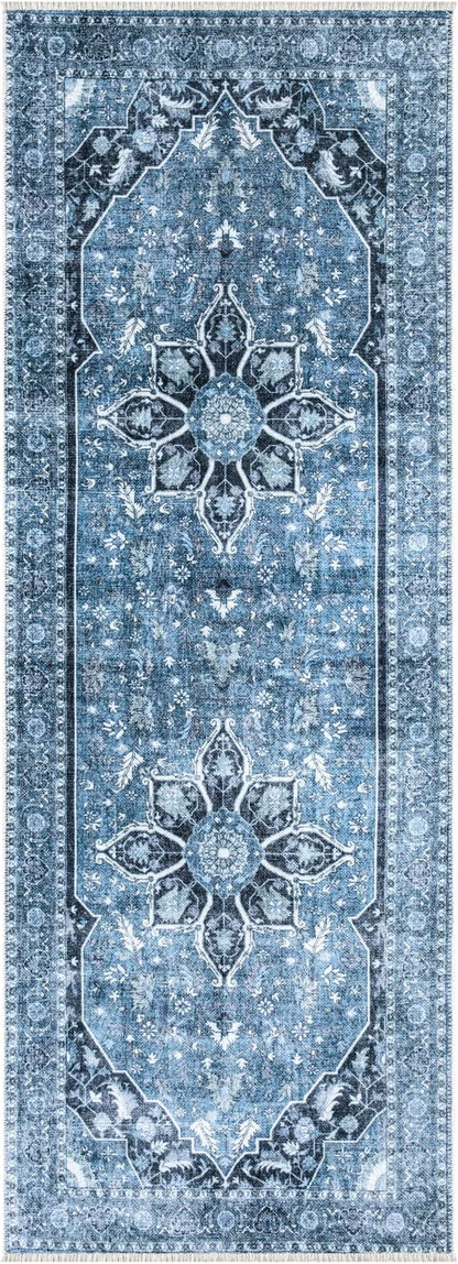 Bloom Rugs Caria Washable Non-Slip 7 ft Runner - Blue/Charcoal Traditional Runner for Entryway, Hallway, Bathroom, and Kitchen - Exact Size: 2'6" x 7'