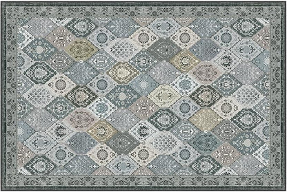 Phantoscope Washable Area Rug 6'x9' Non-Slip, Vintage Boho Rugs for Living Room, Bedroom, Dining Room, Distressed Moroccan Mosaic Diamond Pattern, Low-Pile Foldable Floor Carpet, Grey Charcoal