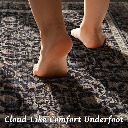 Washable 5x7 Area Rugs for Living Room, Boho Non-Slip Vintage Distress Rugs for Bedroom Dining Room Nursery Office, 0.3" Neutral Oriental Throw Thin Carpet with Cushioning Pad, Black/Brown/Blue/Multi