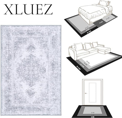 Area Rug 5x7 Living Room Rug, Machine Washable Vintage Distressed Medallion Rug Non-Slip Soft Low Pile Large Indoor Rugs for Bedroom Kitchen Dining Room Office(LightGrey,5'x7')
