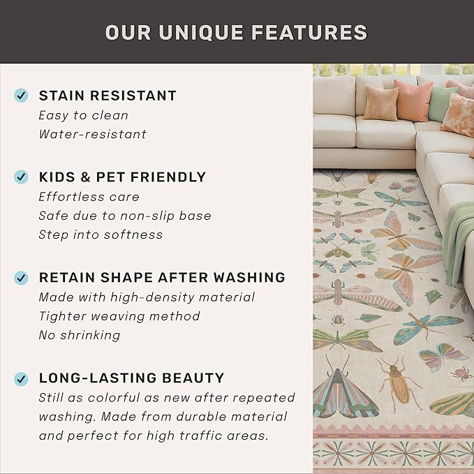 Boho Light Pink 4ft Round Small Throw Rugs for Living Room - Low Pile & Soft Cute Circle Rug for Girls Bedroom, Baby Nursery, Butterfly Pattern Fun Design, Low Pile & Soft Stain Resistant Carpet
