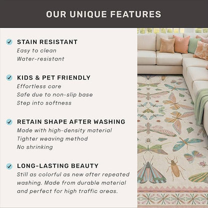 Insect Print 8ft Long Hallway Runner Rug - Light Green Rug for Kitchen Floor, 2'6''x8' Entryway Runner Rug, Washable Non Slip with Rubber Backing, Cool Butterfly Indoor Decor