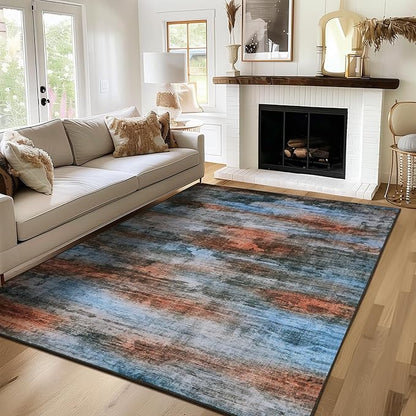 WILLSUN Washable Area Rugs, 4x6 Non-Slip Boho Large Area Rugs for Living Room, Bedroom, Machine Washable Vintage Rug, Indoor Floral Print Carpet for Home Decor, Kid & Pet Friendly Mat
