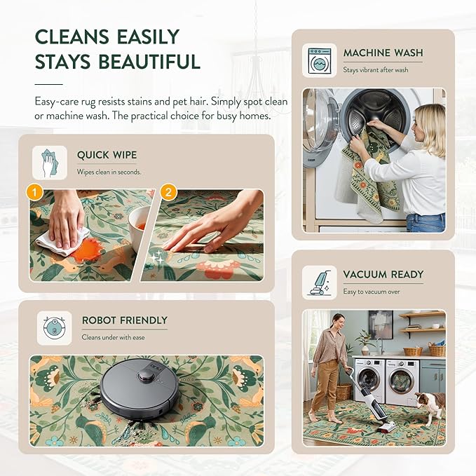 Moynesa Living Room Rug 5x7, Washable Modern Farmhouse Green Area Rugs for Bedroom Dining Room, Country Floral Bird Print Pattern Carpet, Aesthetic Home Decorations Open Floor Areas Protection