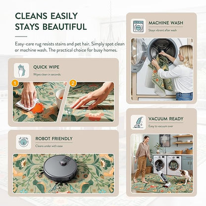 Moynesa Living Room Rug 5x7, Washable Modern Farmhouse Green Area Rugs for Bedroom Dining Room, Country Floral Bird Print Pattern Carpet, Aesthetic Home Decorations Open Floor Areas Protection