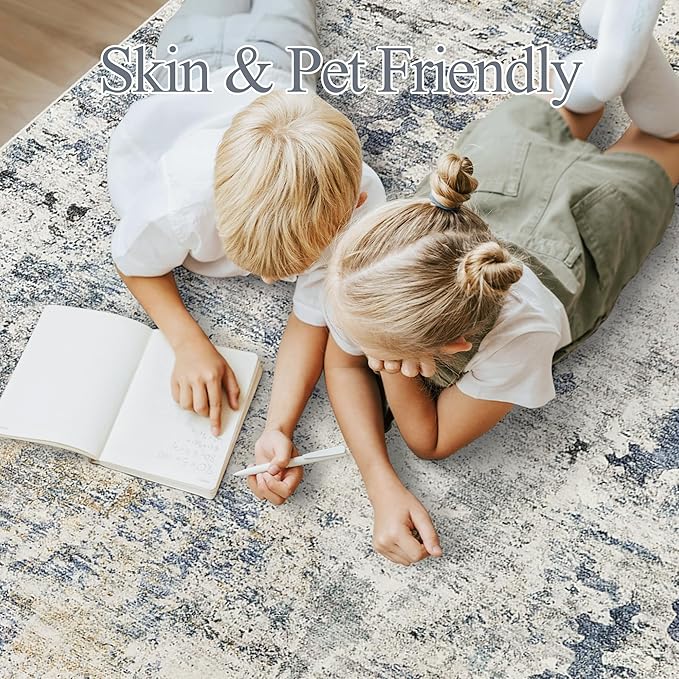 6x9 Abstract Area Rugs for Living Room 6 x 9 Washable Non Slip Low Pile Gray Rugs for Bedroom Dining Room Foldable Thin Blue Yellow