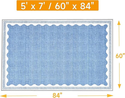 Scalloped Rug 5x7 Solid Blue Washable Non-Slip Rug for Living Room Modern Aesthetic Rugs for Bedroom Kitchen Dining Indoor Entry Entrance Floor