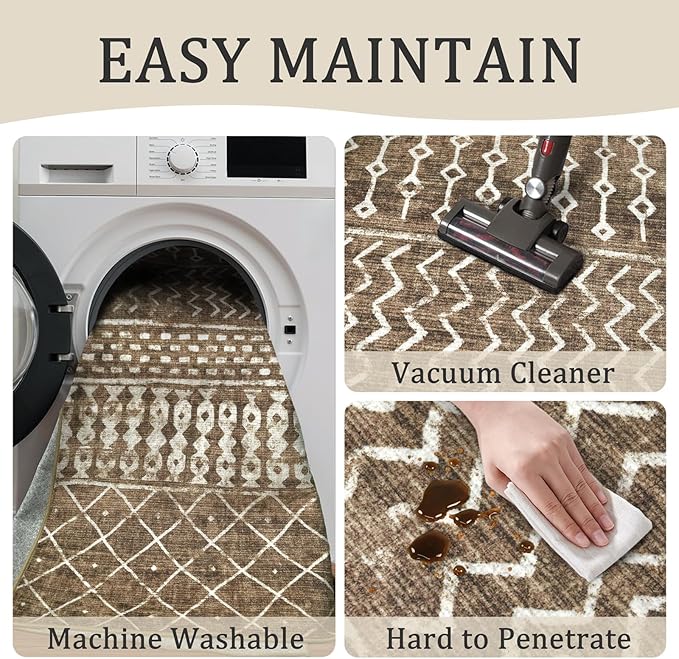 2x3 Machine Washable Area Rug for Entryway, Brown Vintage Moroccan Rug Non-Slip Low Pile Soft Faux Wool Small Carpet, Kids and Pets Friendly for Bedroom Kitchen Hallway Bedside Home Decor Rug