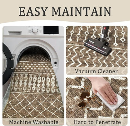 2x3 Machine Washable Area Rug for Entryway, Brown Vintage Moroccan Rug Non-Slip Low Pile Soft Faux Wool Small Carpet, Kids and Pets Friendly for Bedroom Kitchen Hallway Bedside Home Decor Rug