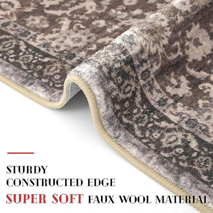 Vintage Floral 2x5 Runner, Mocha Brown Washable Hallway Runner, Non-Slip Kitchen Runner, Super Soft Thin Printed Faux Wool Carpet for Entryway, Front Door, Backdoor Bedside