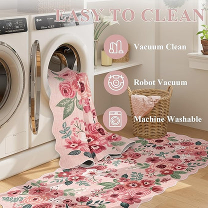 DUKINO 8x10 Area Rug, Floral Washable Rugs for Living Room with Non Slip Backing & Non-Shedding, Lightwight Low Pile Boho Design Large Carpets for Bedroom, Living Room, Dining Room, Pink