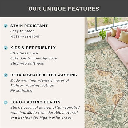 10 ft Long Sage Runner Rugs for Hallways - 3x10 Wide Kitchen Runners, Entryway Rug, with Flowers and Leaves, Washable Non Slip Low Pile
