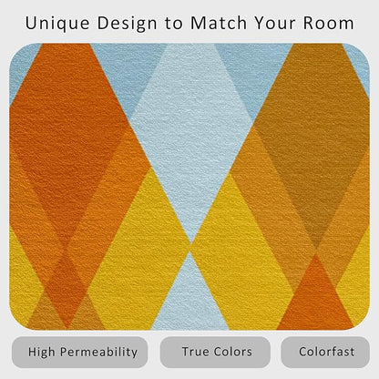 Washable 5x7 Diamond Rug Living Room, Geometric Orange and Blue Plaid Design Area Rugs for Bedroom, Diamond Home Decor Carpet, Low Pile, Non Slip, Kids & Pet Friendly (N4142)