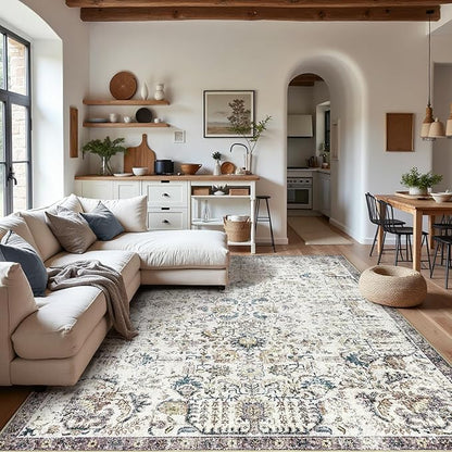 jinchan Kalen Area Rug 9x12 Washable Living Room Rug Vintage Indoor Large Floor Cover Retro Distressed Floral Country Boho Lightweight Non Slip Thin Carpet for Kitchen Bedroom Dining Room Office Blue