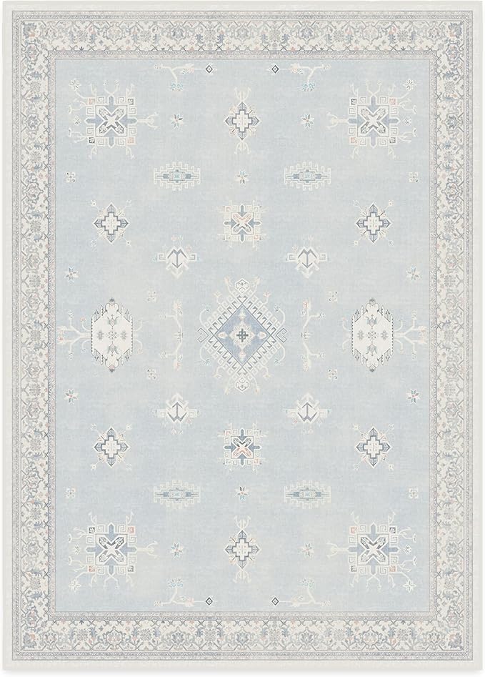 RUGGABLE Washable Vintage Area Rug – Verena Soft Blue 10x14, Stain-Resistant, Non-Slip – Large Machine Washable Rugs for Living Room, Bedroom, Hallway, Entryway & Office–with Standard Pad