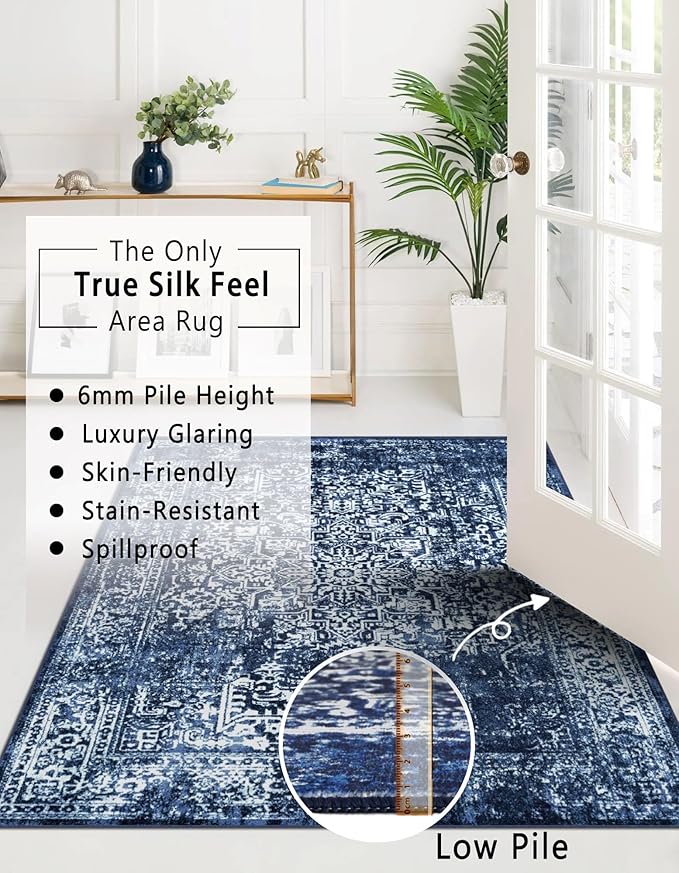 vivorug 8x10 Area Rugs, Stain Resistant Washable Rug for Living Room, Vintage-Inspired (Navy Blue, 8'x10')