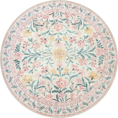 Lahome Pink Floral 6 ft Round Rug, Soft Cozy Circle Rug for Tween Girls Bedroom Decor, Machine Washable Nursery Carpet with Non-Slip Backing for Retreat or Reading Nook