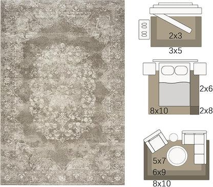 jinchan Washable Area Rug 8x10 for Living Room - Soft Faux Wool Ultra-Thin Stain Resistant Non-Slip Distressed Vintage Floral Large Carpet for Bedroom, Dining Room, Home Office, Nursery(Brown, 8'x10')