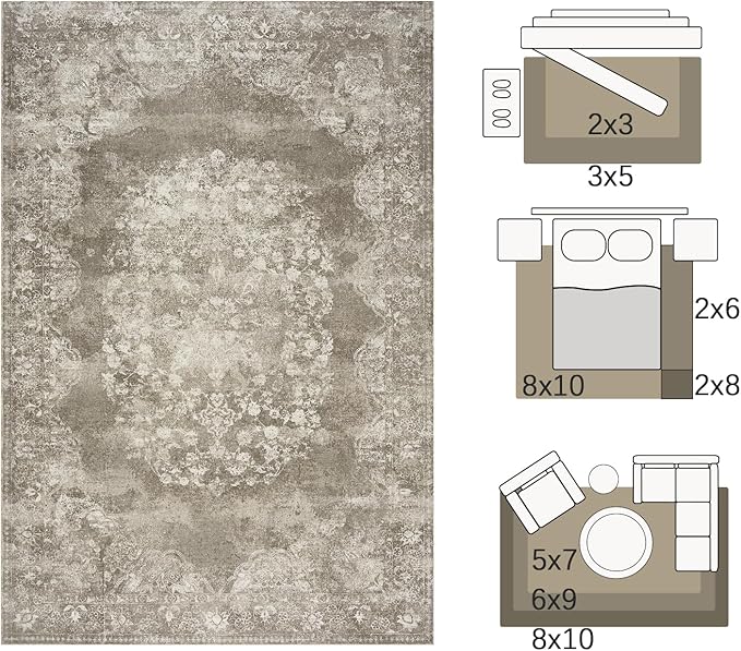 jinchan Washable Area Rug 3x5 Entryway - Soft Distressed Vintage Floral Indoor Bedroom Rug Faux Wool Low Pile Small Oriental Accent Carpet for Kitchen, Entrance, Bedside, Dining Room(Brown, 3'x5')