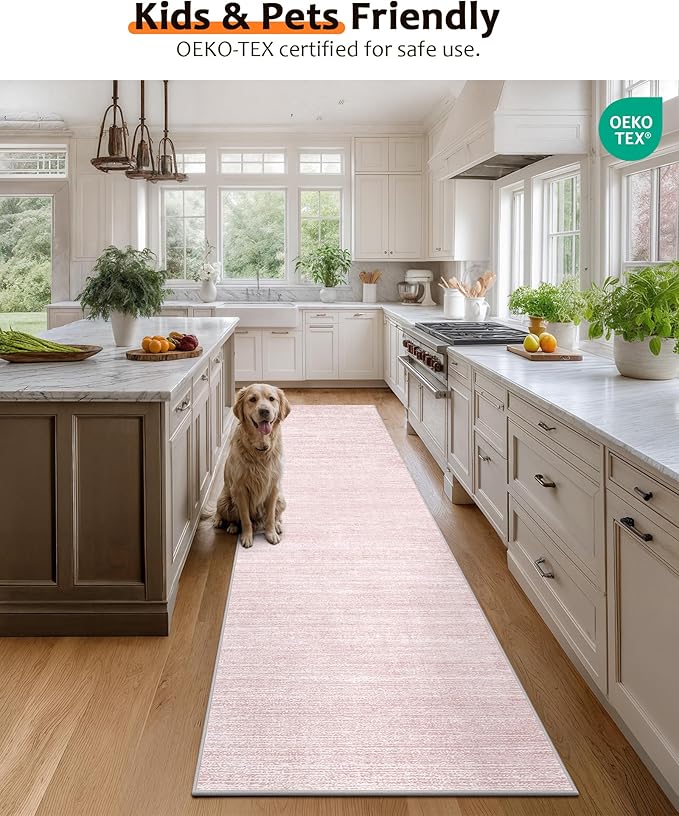 Art&Tuft Non-Slip Runner Rug - 2x12 Runner Rug Washable Low-Pile Rugs Runners, Soft Distressed Carpet Runner for Bedroom Bathroom Kitchen Laundry Living Room, Lightpink