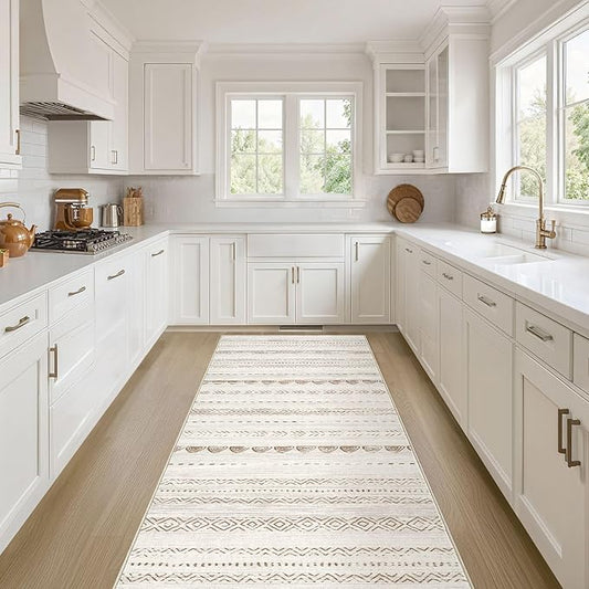 Nakagishi Runner Rug Kitchen Washable Rugs: 3x8 Non-Slip Boho Soft Modern Stain Resistant Indoor Floor Neutral Farmhouse Throw Carpet for Hallway Bathroom Laundry Room Entryway Bedroom- Brown