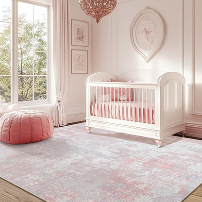 Washable Area Rugs 7'x9' Non-Slip Modern Abstract Soft for Living Room Entryway Bedroom Nursery, Print Pattern, Grey Pink