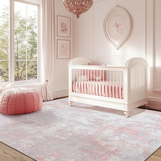 Washable Area Rugs 6'x8' Non-Slip Modern Abstract Soft for Living Room Entryway Bedroom Nursery, Print Pattern, Grey Pink