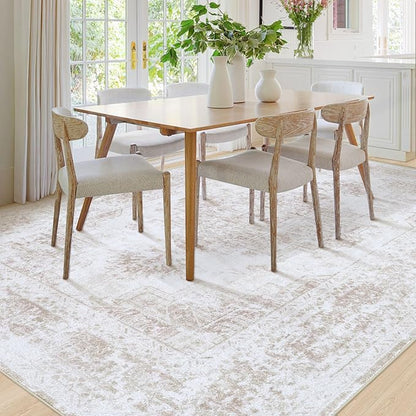 Area Rug 8x10 Living Room Rug, Machine Washable Vintage Distressed Medallion Rug Non-Slip Soft Low Pile Large Indoor Rugs for Bedroom Kitchen Dining Room Office(Beige,8'x10')