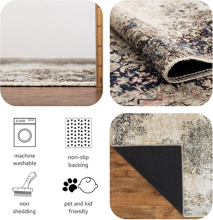 Keen Home Design 8x10 Rug - Machine Washable Area Rug with Non-Slip Backing, Ideal for Living Room, Dining Room, Bedroom - Vintage, Easy Clean, Durable, Low Pile - (8' x 10')