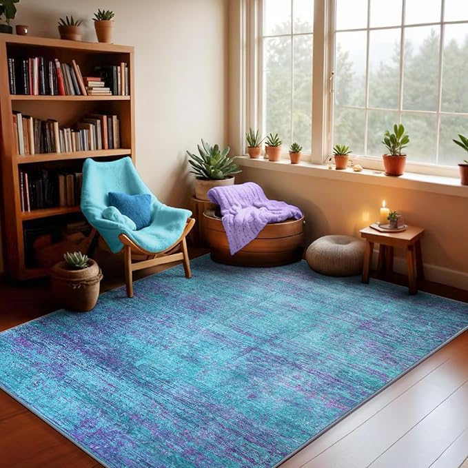 Abstract 4x6 Area Rug, Modern Indoor Entryway Rugs, Washable Soft Non-Slip Accent Carpet Door Mat for Dining Room Kitchen Bedroom - Teal+Purple