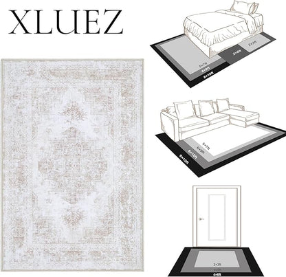Area Rug 10x12 Living Room Rug, Machine Washable Vintage Distressed Medallion Rug Non-Slip Soft Low Pile Large Indoor Rugs for Bedroom Kitchen Dining Room Office(Beige,10'x12')