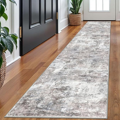 Modern Abstract Runner Rug 2x10, Beige Grey Neutral Washable Long Kitchen Runner Non-Slip Soft Hallway Rug Runner Thin Print Faux Wool Carpet for Entryway Bedroom Laundry Room Indoor