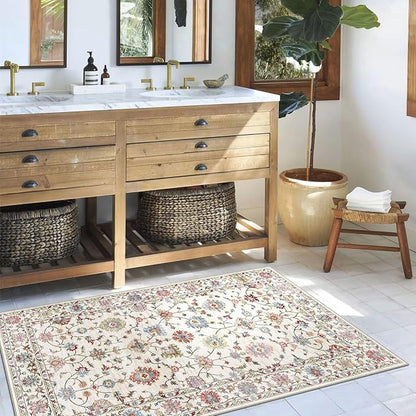 3x5 Washable Area Rug - Small Entryway Rug Non-Slip Cream Colorful Vintage Traditional Floral Kitchen Rugs Low Pile Boho Carpet Throw Rugs for Living Room Bedroom Bathroom Entrance Dorm Office